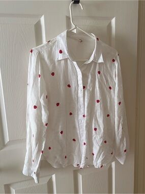 White Button-Up Shirt with Red Strawberry Print 60% Cotton